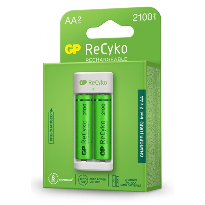 GP Recyko φορτιστής USB με 2 επαναφορτιζόμενες μπαταρίες AA 2100mAh
